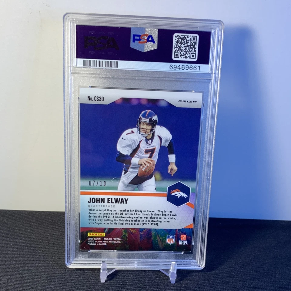 2021 Panini Mosaic John Elway Center Stage GOLD 7/10 JERSEY # PSA 9 - Image 2 of 3