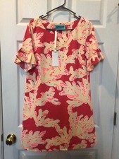 Ladies Sz M Southern Frock Lined Coral Print Dress w/Short Ruffled Sleeves NEW 