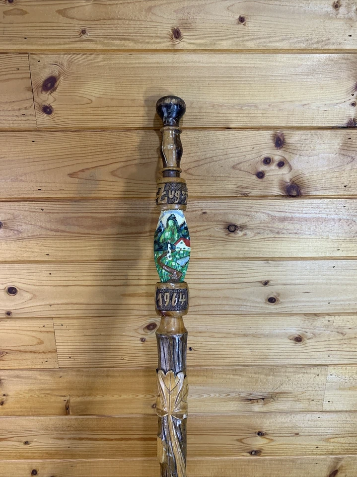 Vintage 1964 Carved Wood  (one-of-a-kind) German Walking Cane Zugspitze 36-1/4” - Image 2 of 4