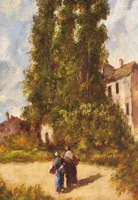 Tableau signé. Paysage Animé. Peinture huile sur panneau de bois Style XlXème . - Photo 1/4