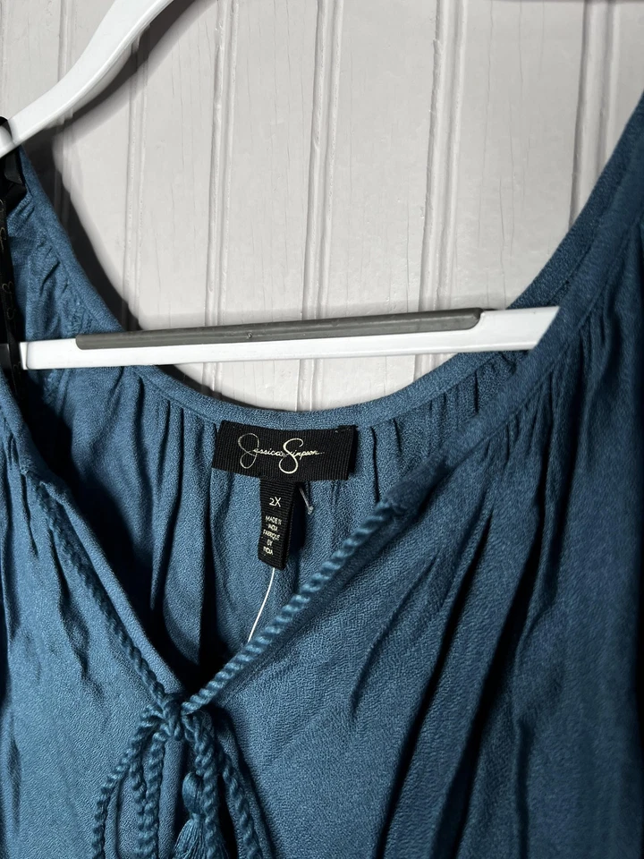 Vestido Jessica Simpson Mujer 2X Azul Bordado Boho Túnica Borla Nuevo Foto 3 de 4