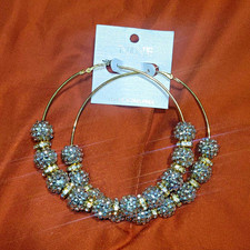 Nine West Gold Tone Beaded Hoop Earrings Simulated Crystal Latch Back