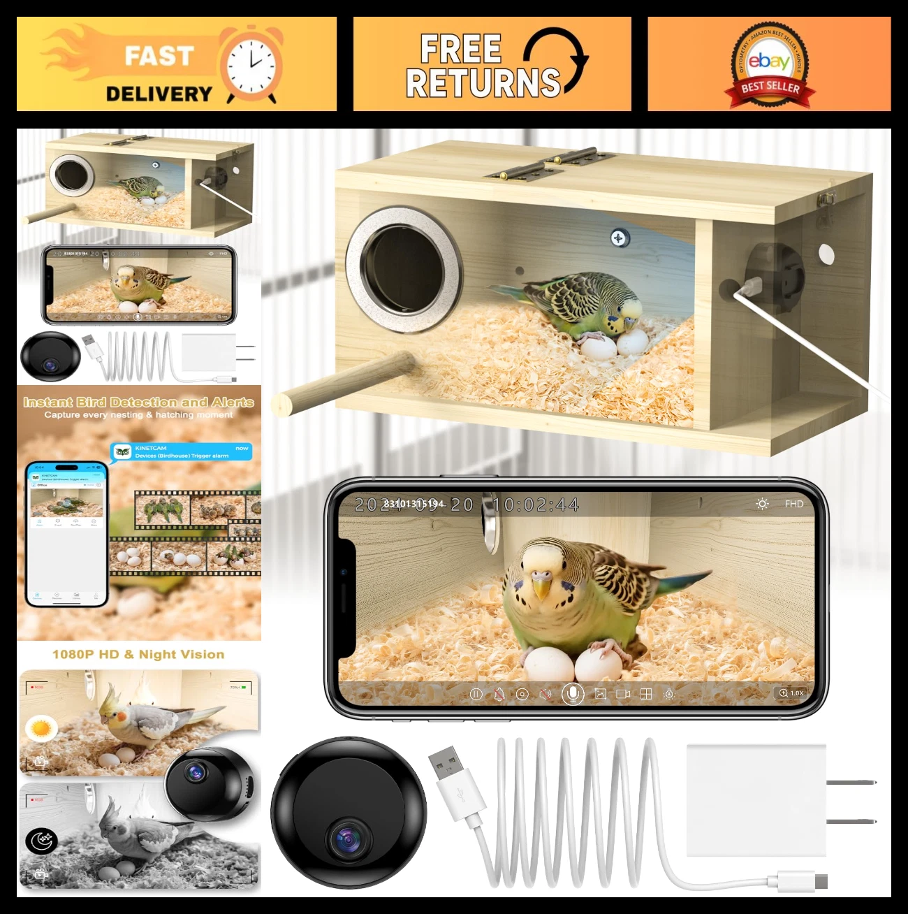Parakeet Nesting Box Bird House with 1080P Wi-Fi Camera