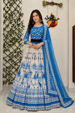 Sky Blue Indian Heavy Muslin Cotton Lehenga Choli Blouse Piece Dress Set