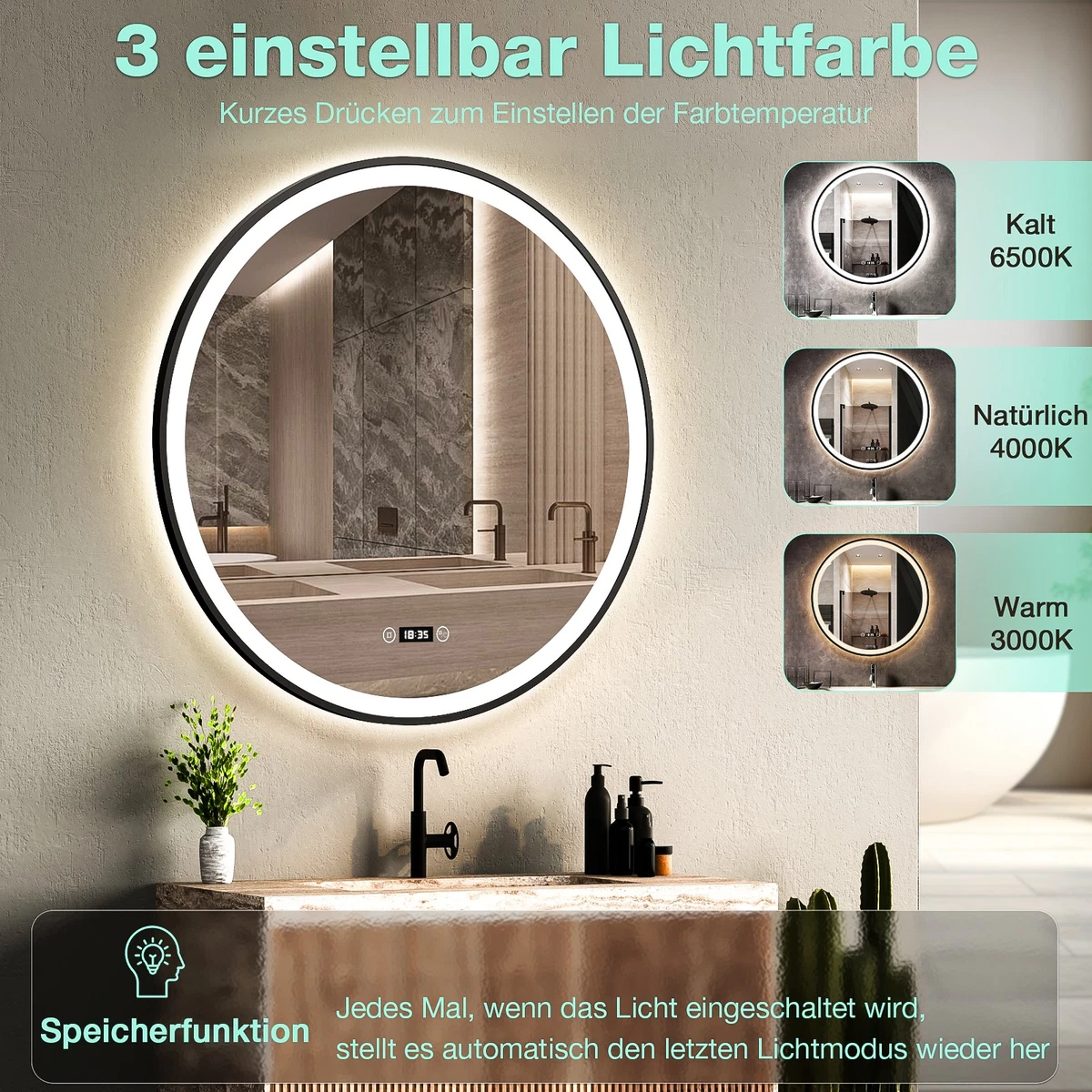 Runder LED Badspiegel mit Licht 60cm, Dimmbar, Antibeschlag, 3Lichtfarben, Uhr