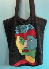 Vintage 60s 70s Boho Beaded Hand/Shoulder Bag Abstract Face Art Hong Kong Bowie
