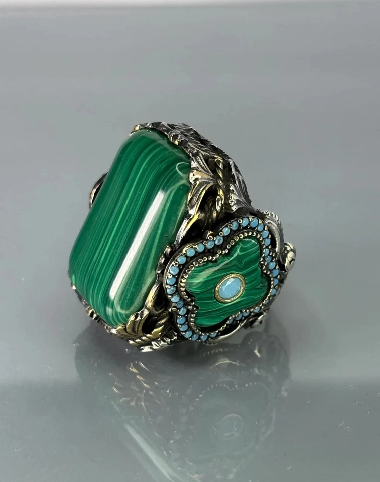 Мужское кольцо из стерлингового серебра 925 пробы с зеленым малахитом винтажное кольцо с драгоценным камнем ручной работы - Изображение 4 из 4