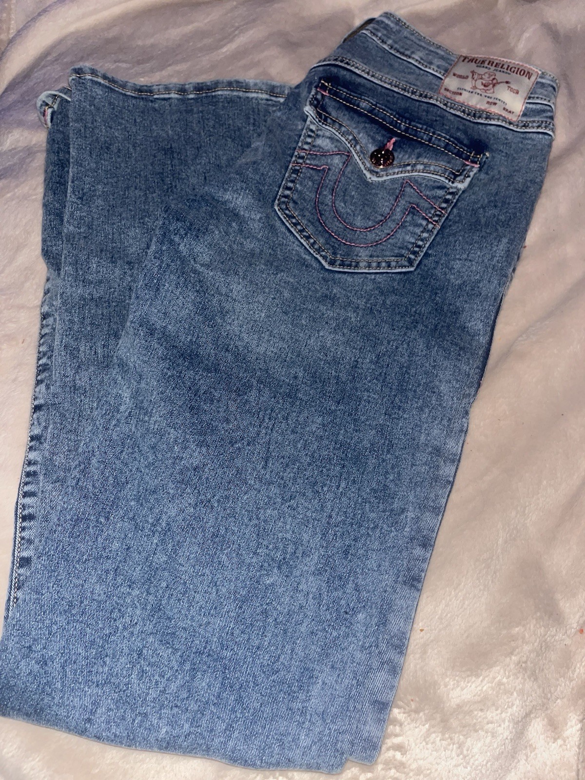 True Religion World Tour Women's Straight Jeans Blue Pink Stitching Logo thumbnail 2