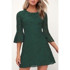 Lulu's Favorite Flair Forest Green Lace Flounce Sleeve Dress Size S