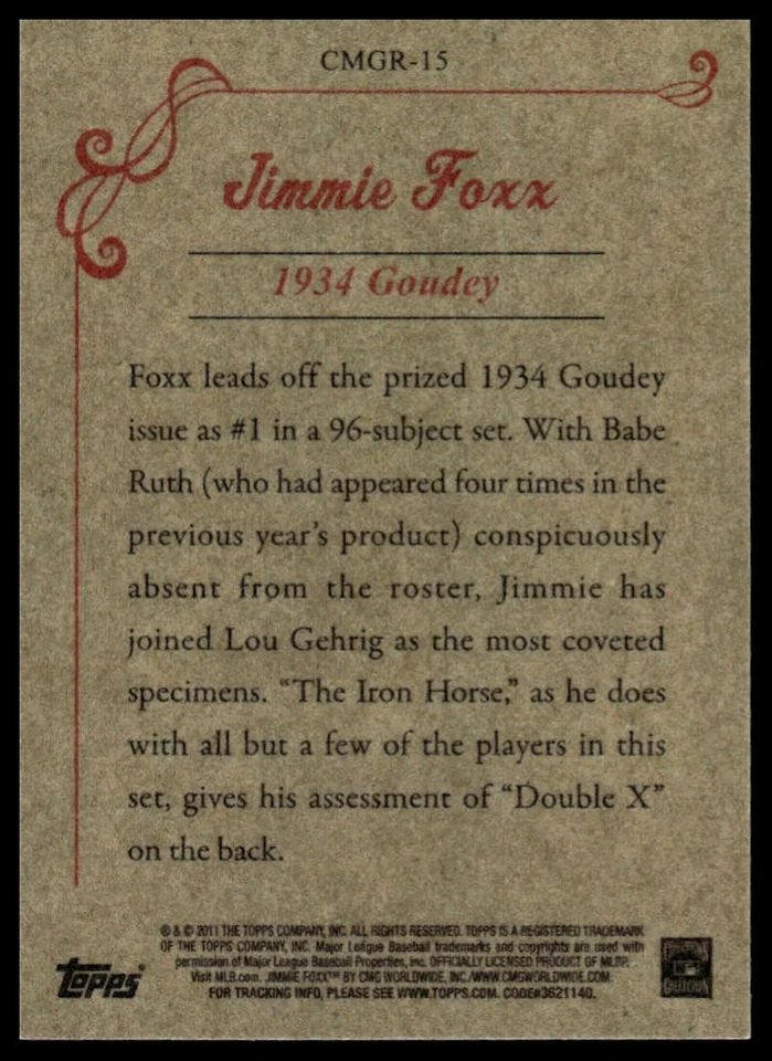 2011 Topps #CMGR-15 Jimmie Foxx CMG Reprints - Image 2 of 2