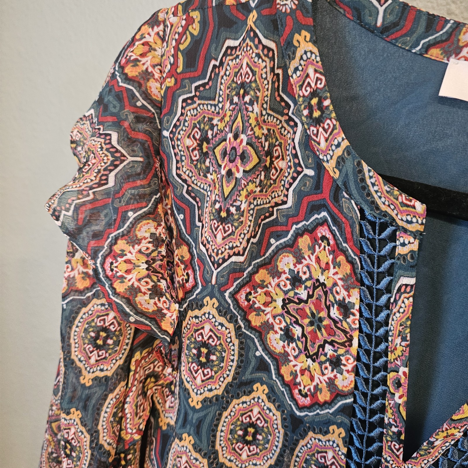 Loft Multicolor Tapestry Ruffle Split Neckline V … - image 2