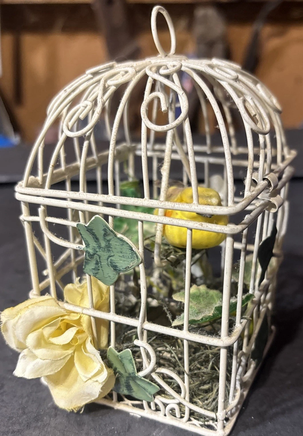 Antique Hanging Birdcage / Bird/flower/ivy 6” Tal X 3 1/2 X 3 1/2 White