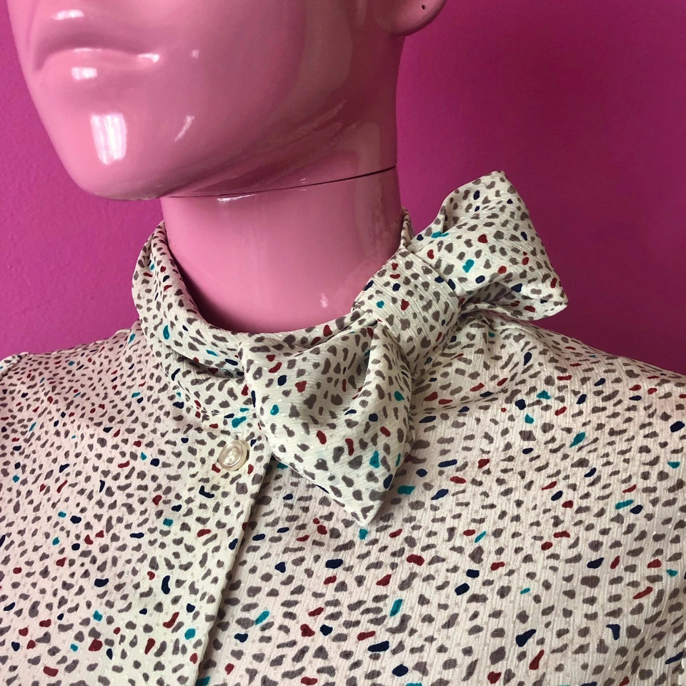 Blusa Top Camisa de Vestir Top Vintage Años 80 SP Satén Lazo Confeti Manga Larga Beige Crema Foto 2 de 4