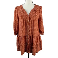 Holding Horses Anthropologie Women's Tunic Top XSP Orange Tiered Button Front