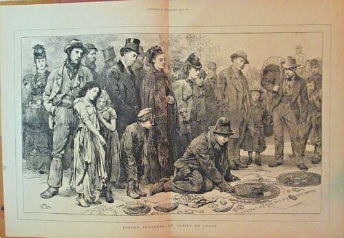 London, Street Artist, Art On Stone, Victorian Fashion, 1874 Antique Art Print - Picture 1 of 1