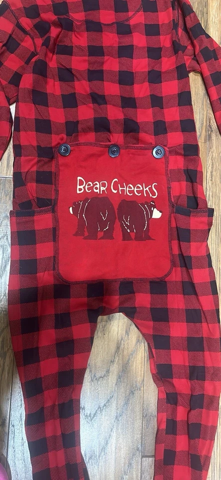 One Piece Pajama Adult Small Lazy One Bear Cheeks Buffalo Plaid Flapjack Bottom - Image 2 of 4