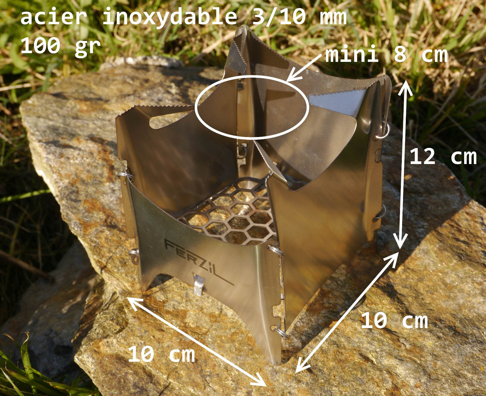 Réchaud à bois pliant de randonnée FERZIL 9 en acier inoxydable premium