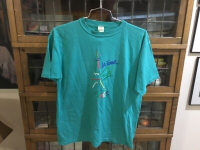 VTG 90 s La Tour EIFFEL Paris France Embroidered Teal ROBBLER TShirt SZ L - cool