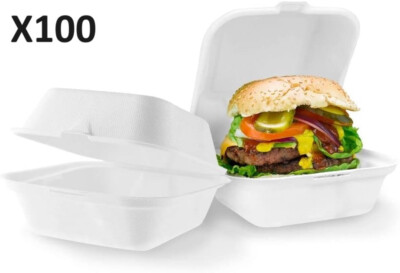 X100 Burger Box zum Mitnehmen Bagasse Zuckerrohr weiß Mikrowelle Gefrierschrank 6 Zoll