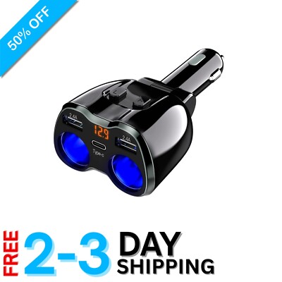 Compact USB C Car Charger - 2 Cigarette Lighter Sockets with Auto Off Feature