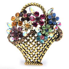 Vintage Easter Spring Flower Basket Brooch Sparkling Rhinestone Pin Jewelry Gift