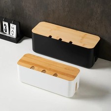 Bamboo Cable Management Box Wire Organizer Hide Power Strips Desk Storage