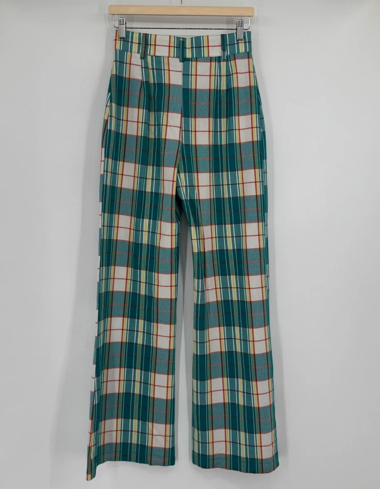Free People Womens Teal Green Plaid High Rise Flared Leg Trouser Pants Sz 2 - Image 3 of 4
