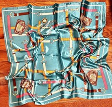 Vintage Equestrian horsebelt chain print oversized TURQUOISE silky Scarf 35/35