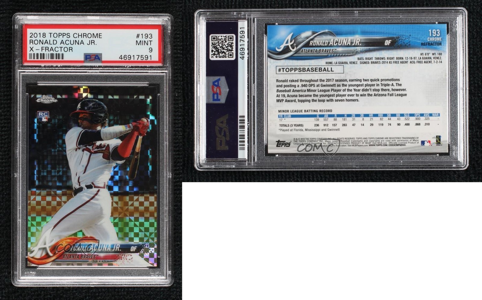 2018 Topps Chrome X-Fractor Ronald Acuna Jr #193 PSA 9 MINT Rookie RC view 3