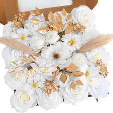 Combo Flores Artificiales Senseya Blanco Leche Seda Rosas Peonías Dalias Tallos