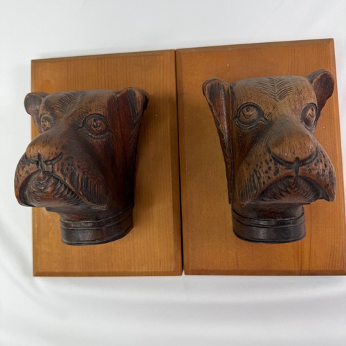 Antique Hand Carved Wood Dog Head Corbels Folk Art Architectural Salvage Pair