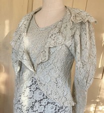 Vtg 1930's Cotton Lace Gown / Dress w Jacket Light Grey/Blue