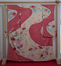 Authentic Japanese Silk Furisode Kimono Red Shibori Waves Wall Art Decor Luxury