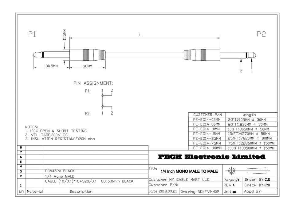 3ft 1/4inch MONO (TS) Guitar Cable  Male to Male  28AWG  Nickel Plated - Image 3 of 3