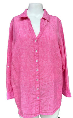 Sigrid Olsen Linen Tunic 1X Red Button Front Roll Tab Sleeve Coastal Capsule