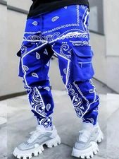 Men's Paisley Joggers Stylish Streetwear Pants Multi Pocket Casual Sport Trouser