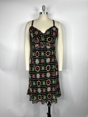 Vtg Moschino Main Label Psychedelic Black Floral Print Silk Dress IT 44