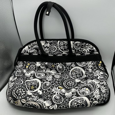 LeSportSac Black White Floral Tote Bag Large Travel Shoulder Bag Zip Top