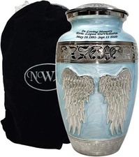 Blue Angel Funeral Cremation Urn, Large Angel Wings Urn with Custom Engraving