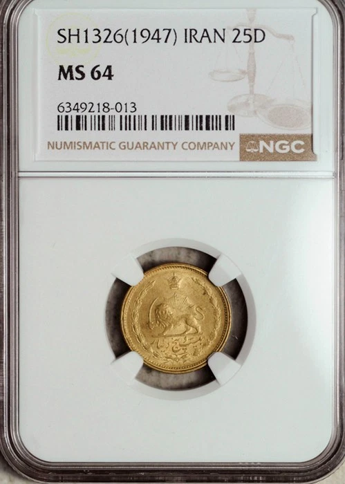 NGC MS-64 MIDDLE EAST 25 DINARES SH1326 (1947) ¡SOLO 1 CALIFICADO SUPERIOR! POP: 1/1 Foto 2 de 4