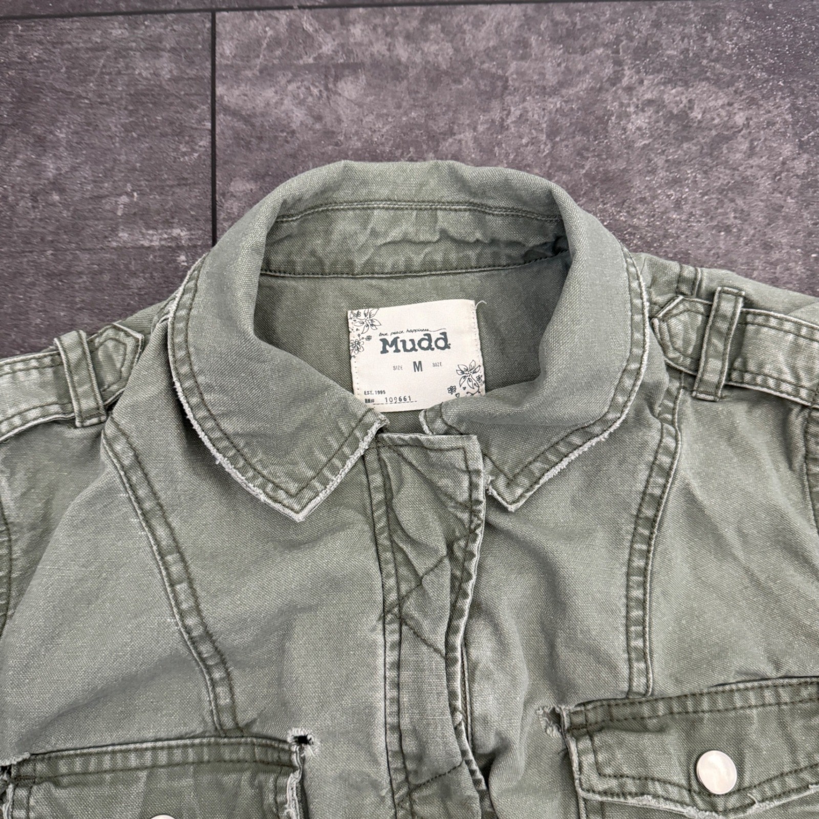 Mudd Womens Utility Jacket Green Button Front Poc… - image 3