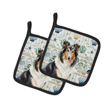 Caroline's Treasures Tricolor Collie Coastal Sea Glass Pair of Potholders