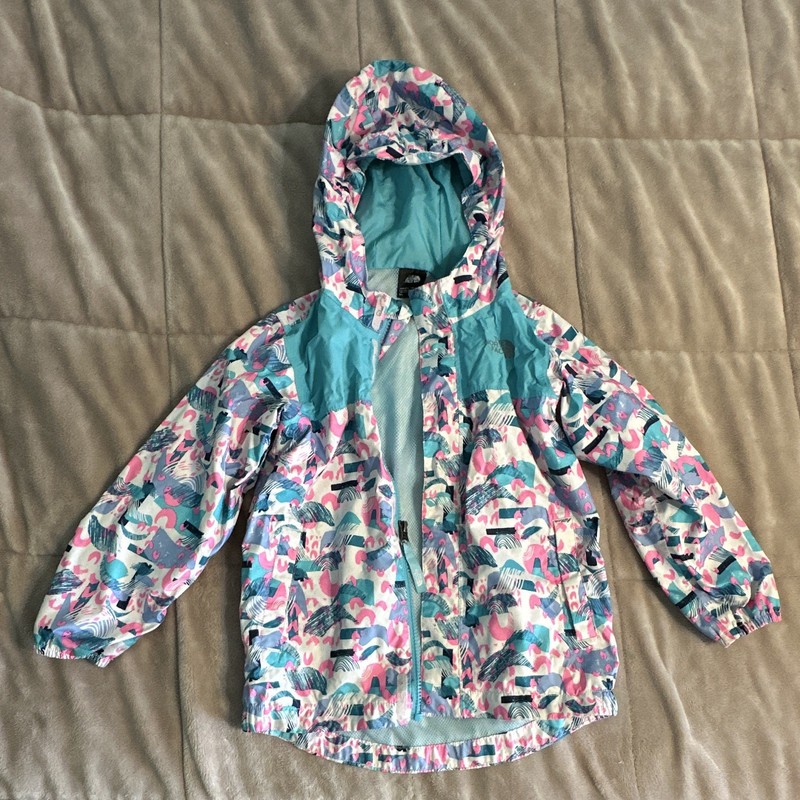 The North Face Girls Hooded Rain Jacket Full Zip Blue Multicolor Abstract 5/6