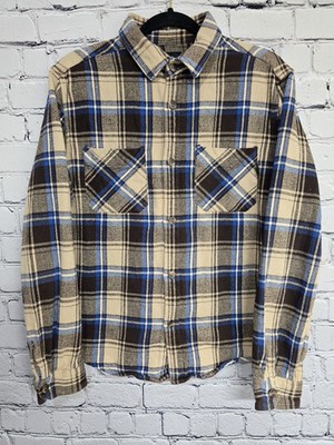 Stussy Flannel Shirt Mens M Tan Blue Plaid Long Sleeve Button Up Streetwear