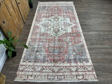 4x10 Vintage Turkish Hallway Runner, Hand-Knotted Wool Red and Blue-Gray Rug