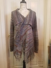 Cato LSlv Cardigan Large Gray Brown Stripes Collared Open Crossover Front Fringe