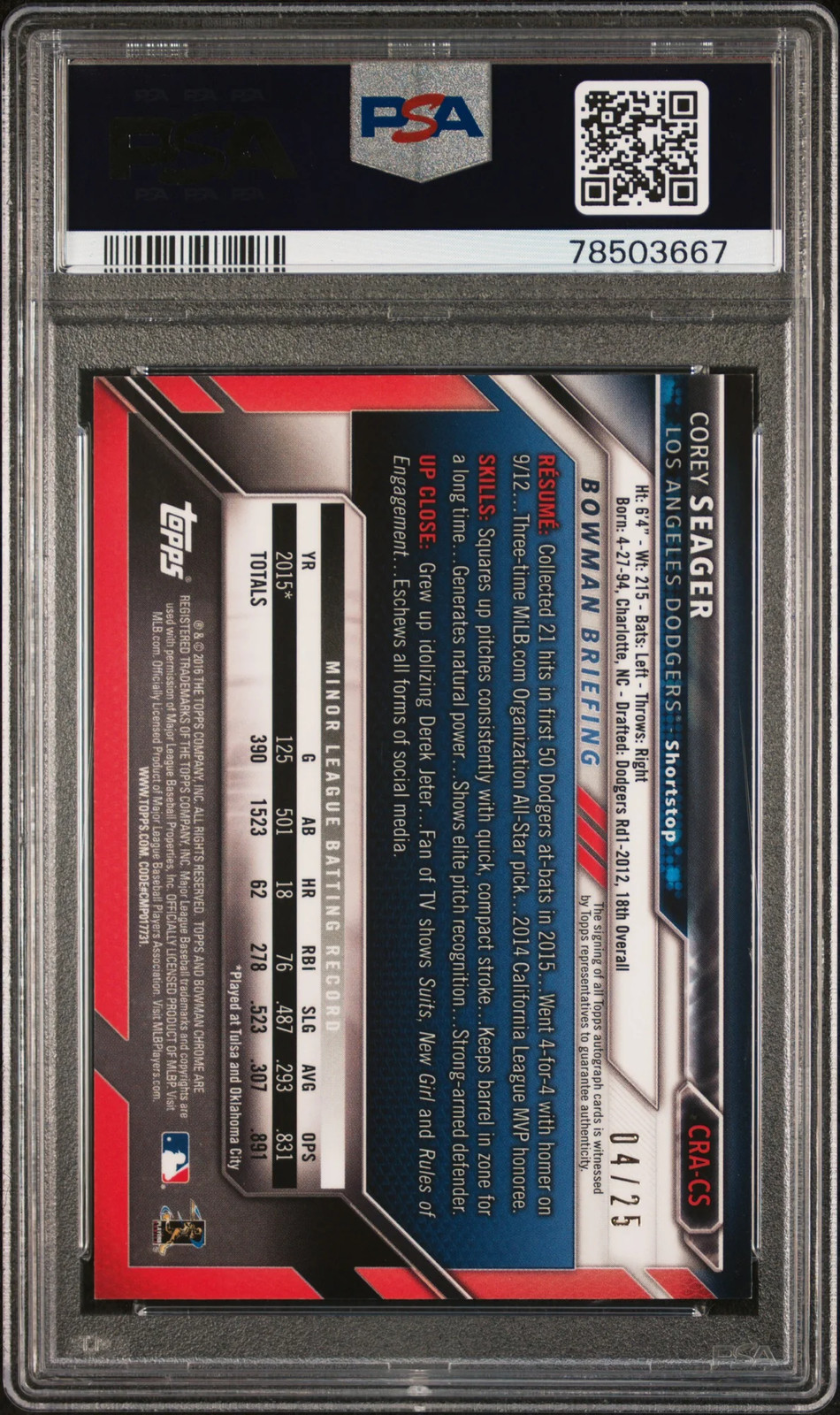 2016 Bowman Chrome Corey Seager Auto Orange Refractor /25 PSA 9 view 2