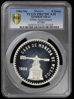 1986 Mo Mexico 5 Onza 5 oz Silver Proof Scaale Onza PCGS PR 67