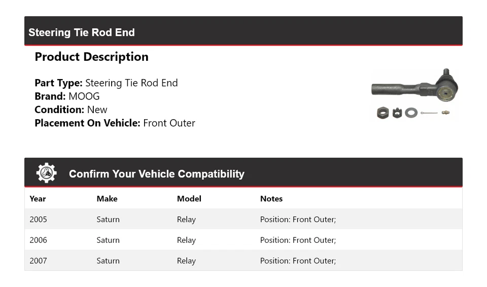 Extremo de varilla de amarre de dirección Saturn Relay 2005-2007 MOOG 2005 2006 2007 Foto 2 de 4