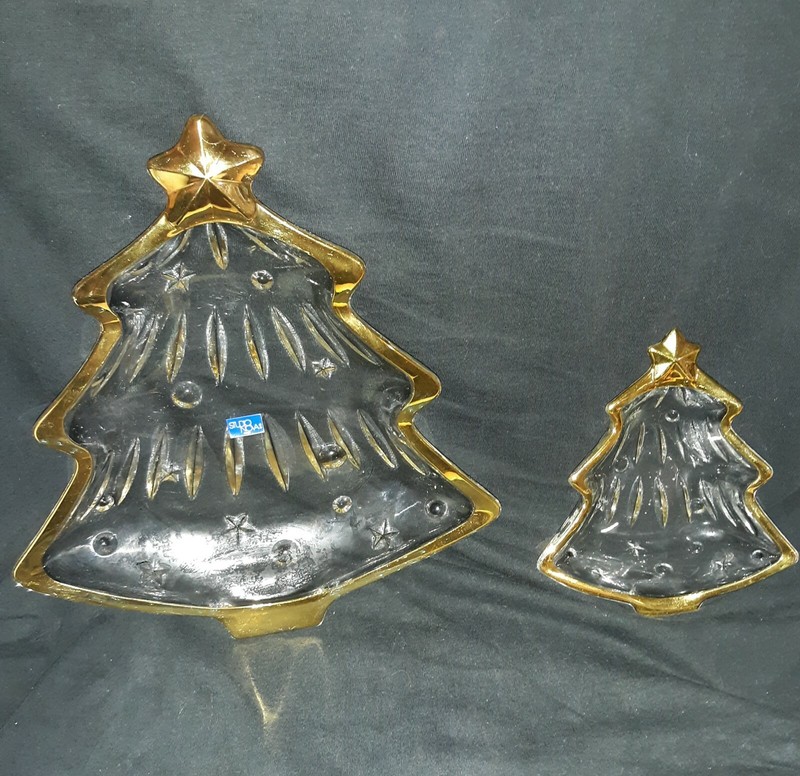 Vintage Christmas Tree Shaped Crystal Candy Dish Lot of 2 Studio Nova Gold Rim